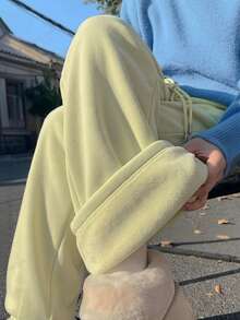 Comfortcana Women's Solid Color Drawstring Waist Casual Versatile Daily Travel Long Pants - Pale Yellow - View 6