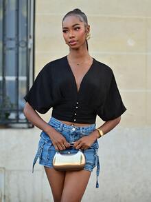 Mima John Women Black Deep V Neck Crop Top With Button Front Ruched Detail,Autumn Top Night Out Date Night Elegant Sexy - Black - View 1