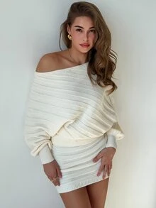 Aloruh This Elegant, Solid Apricot Two-Piece Set For Autumn And Winter Features A Pullover Sweater And A Slim-Fit Skirt; Designed With Asymmetrical Stripes - Apricot - View 4