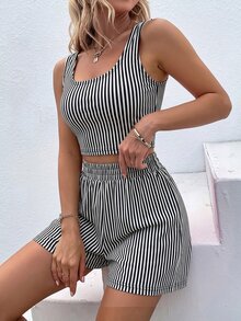 EMERY ROSE Women Casual Striped Tank Top & Shorts 2 Pieces Set - Black and White - View 5