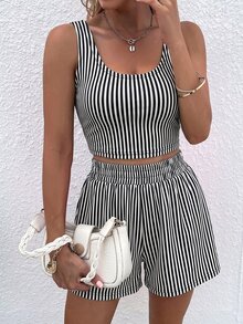EMERY ROSE Women Casual Striped Tank Top & Shorts 2 Pieces Set - Black and White - View 7