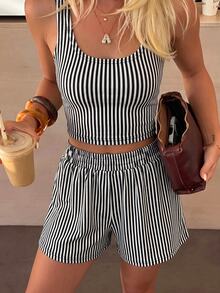 EMERY ROSE Women Casual Striped Tank Top & Shorts 2 Pieces Set - Black and White - View 9