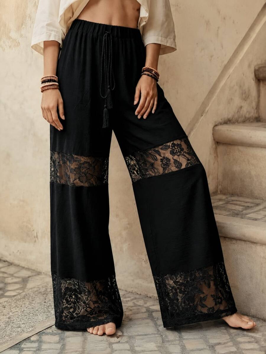 EMERY ROSE White Elastic Straight Leg Lace Patchwork Women Casual Pants - Black - View 1