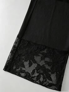 EMERY ROSE White Elastic Straight Leg Lace Patchwork Women Casual Pants - Black - View 5