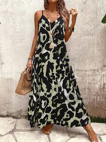 EMERY ROSE Women Leopard Print Sleeveless Dress, Casual Vacation Dress Maxi Vacation Beach Outfit - Army Green - View 7