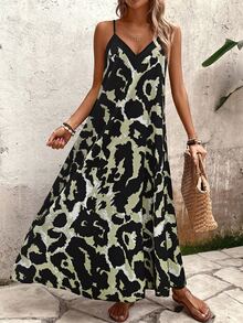 EMERY ROSE Women Leopard Print Sleeveless Dress, Casual Vacation Dress Maxi Vacation Beach Outfit - Army Green - View 4