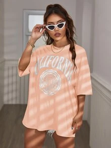 SHEIN 女士夏季宽松休闲 T 恤，带字母印花，圆领和落肩袖图案 T 恤女式上衣 - 橘色 - 查看 4