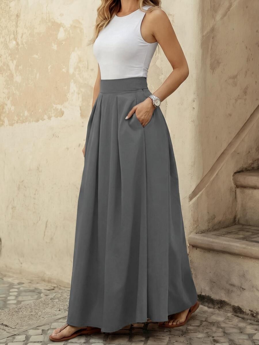 SHEIN A字型纯色高腰斜插口袋灰色半身裙 - 灰色 - 查看 1