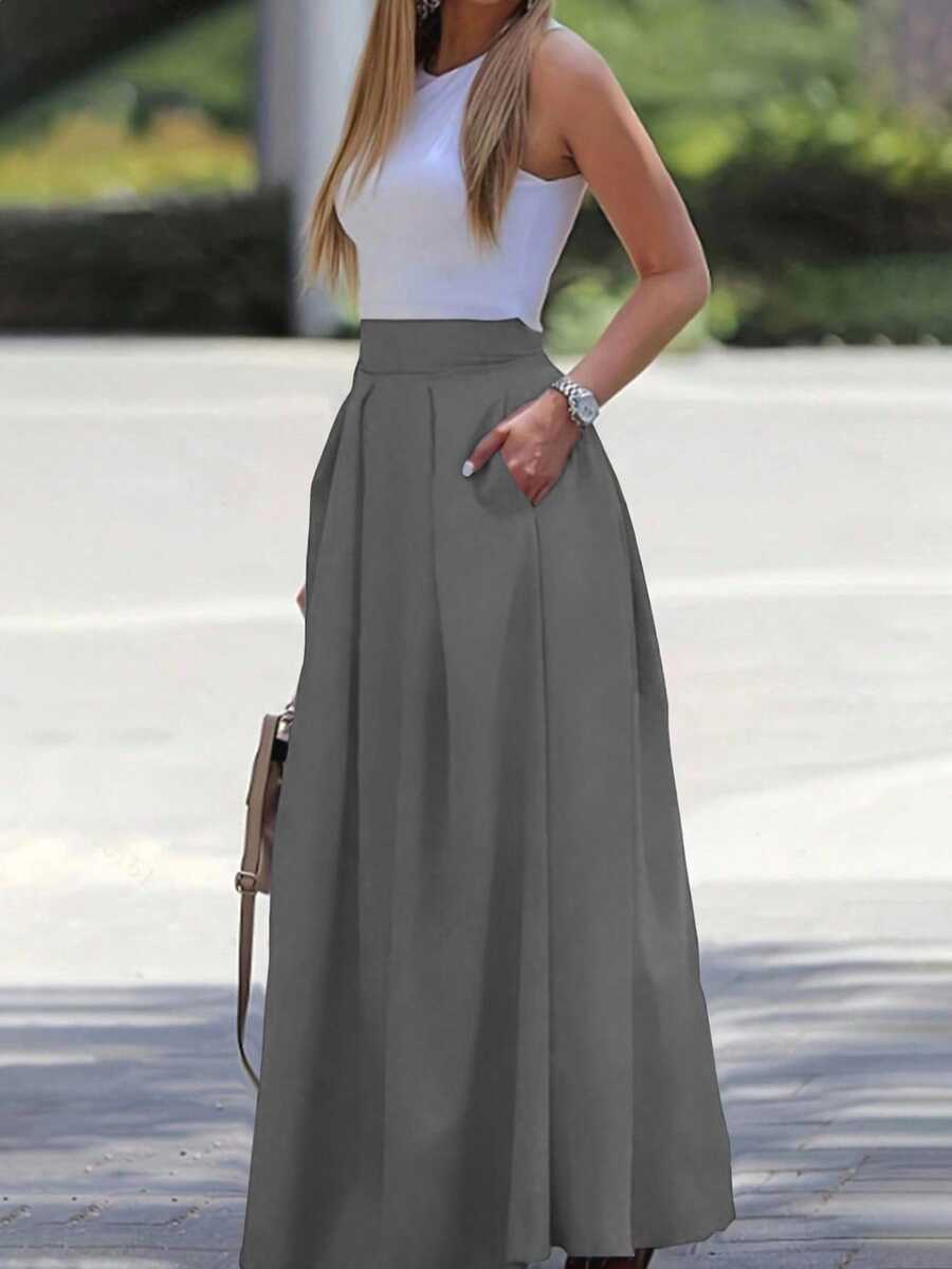 SHEIN A-Line Solid Color High Waist Slant Pocket Gray Skirt - Grey - View 1