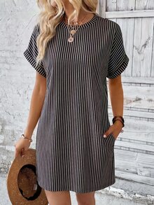 EMERY ROSE Women's Round Neck Batwing Short Sleeve Loose Casual Striped Dress - Multicolor - View 3