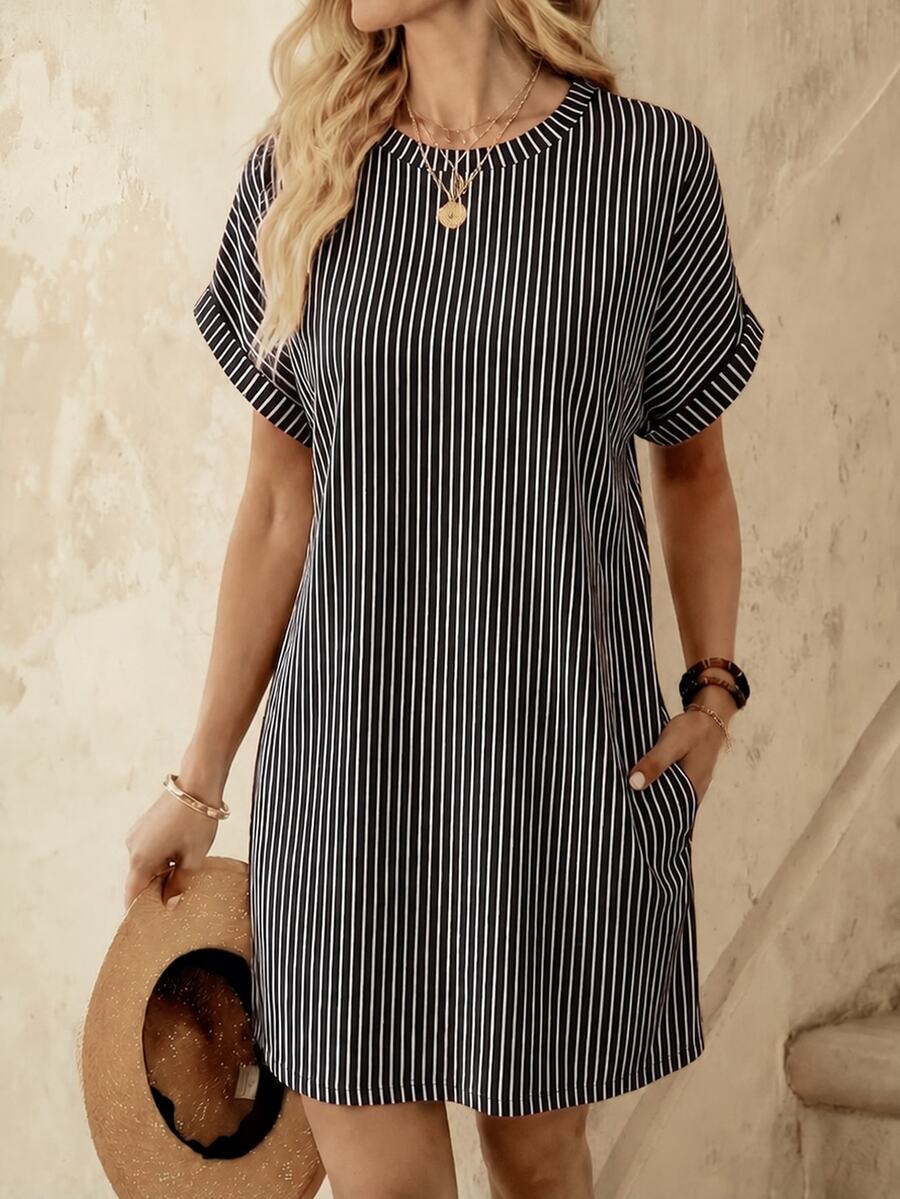 EMERY ROSE Women's Round Neck Batwing Short Sleeve Loose Casual Striped Dress - Multicolor - View 1