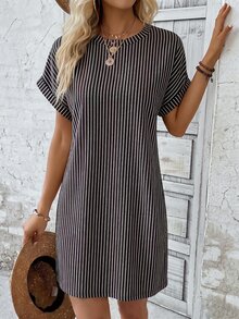 EMERY ROSE Women's Round Neck Batwing Short Sleeve Loose Casual Striped Dress - Multicolor - View 5