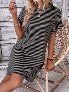 EMERY ROSE Women's Round Neck Batwing Short Sleeve Loose Casual Striped Dress - Multicolor - View 7