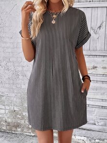 EMERY ROSE Women's Round Neck Batwing Short Sleeve Loose Casual Striped Dress - Multicolor - View 6