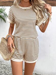 EMERY ROSE 2pcs Women Striped Round Neck Casual T-Shirt And Pocket Shorts Set - Coffee Brown - View 4