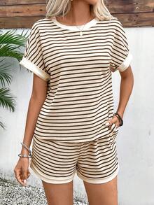 EMERY ROSE 2pcs Women Striped Round Neck Casual T-Shirt And Pocket Shorts Set - Coffee Brown - View 6