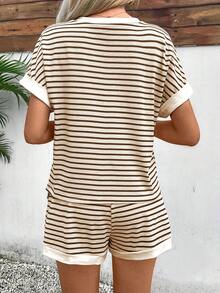 EMERY ROSE 2pcs Women Striped Round Neck Casual T-Shirt And Pocket Shorts Set - Coffee Brown - View 2