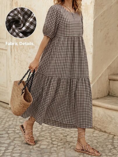 EMERY ROSE Women Fashion Plaid Round Neck Short Sleeve Puff Sleeve Ruffle Trim Elegant Dress Maxi Vacation Beach Outfit
