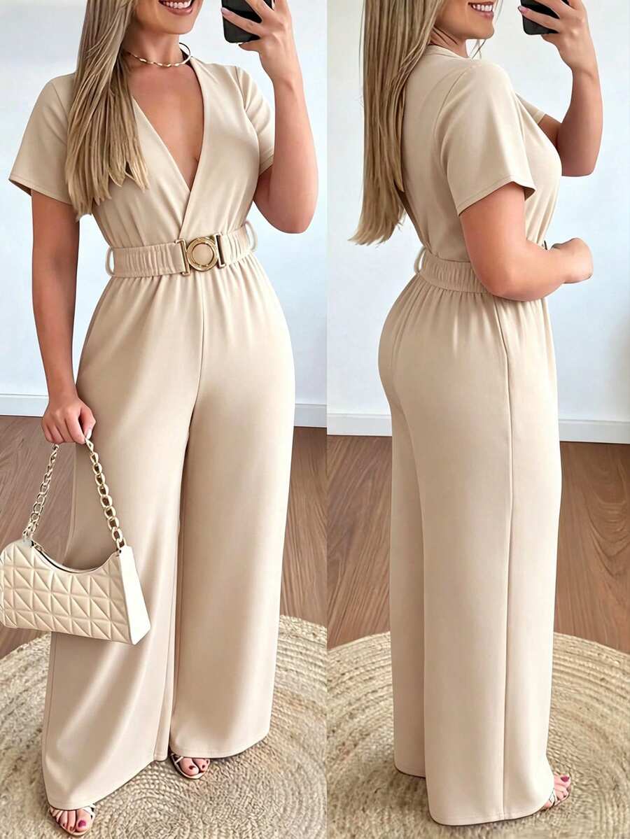EMERY ROSE Elegant Vacation Cross V-Neck Metal Buckle Belt Fashion Wide Leg Long Pants Women's Jumpsuit - Apricot - View 1