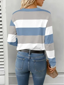 EMERY ROSE Women's V-Neck T-Shirt, Mature Striped Print Top, Classic Pattern Design, Versatile, Suitable For Daily Wear And Outdoor, Graphic Design - Multicolor - View 2