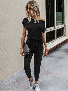 EMERY ROSE Solid Drawstring Waist Keyhole Back Jumpsuit - Black - View 1