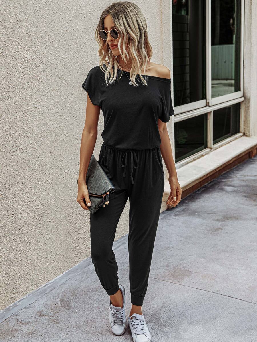 EMERY ROSE Solid Drawstring Waist Keyhole Back Jumpsuit - Black - View 1