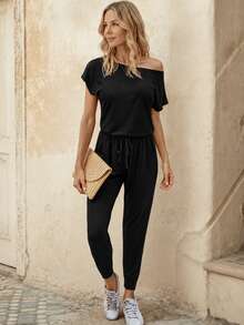 EMERY ROSE Solid Drawstring Waist Keyhole Back Jumpsuit - Black - View 3