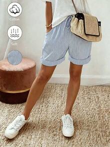EMERY ROSE Women's Loose Striped Shorts With Pockets, Casual Vacation Style - Blue and White - View 3