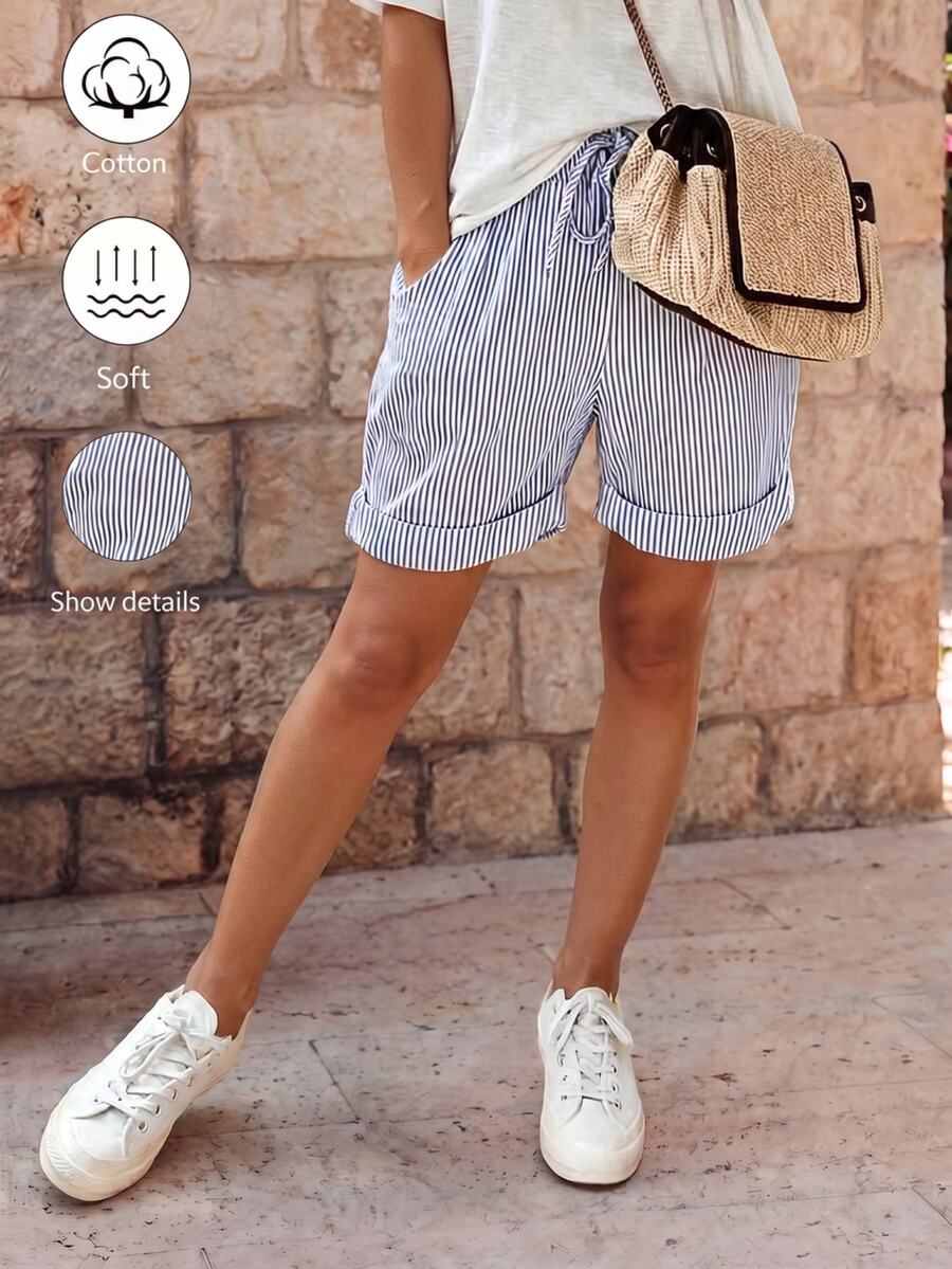 EMERY ROSE Women's Loose Striped Shorts With Pockets, Casual Vacation Style - Blue and White - View 1