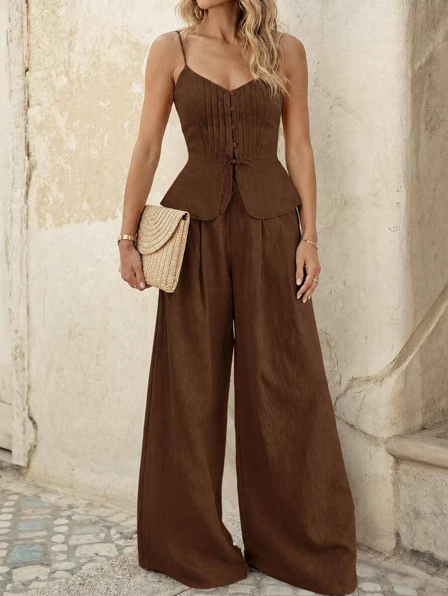 EMERY ROSE Women's Solid Color Tie Waist Single-Breasted Camisole And Wide Leg Pants Casual 2 Pieces Set - Coffee Brown - View 1