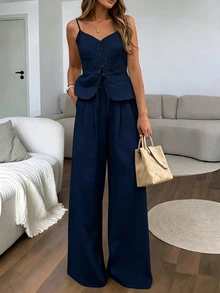 SHEIN PariChic 女款優雅兩件套細肩帶百褶單排扣上衣與西裝長褲，適合約會、度假、派對、日常出遊、聚會、戶外活動、通勤、街頭風 - 藏蓝色 - 查看 5