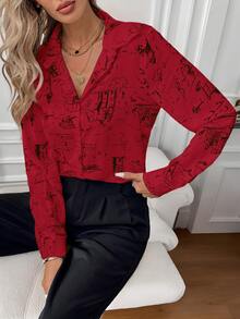 EMERY ROSE Women's Casual Commuter All-Over Print Long Sleeve Shirt, Christmas - Red - View 7