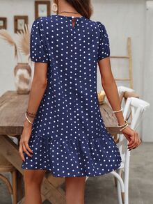EMERY ROSE Polka Dot Print Bubble Sleeve Dress With Ruffled Hem For New Year Clothes - Navy Blue - View 2