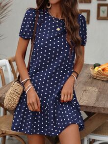 EMERY ROSE Polka Dot Print Bubble Sleeve Dress With Ruffled Hem For New Year Clothes - Navy Blue - View 4