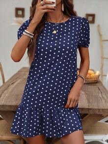 EMERY ROSE Polka Dot Print Bubble Sleeve Dress With Ruffled Hem For New Year Clothes - Navy Blue - View 5