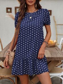 EMERY ROSE Polka Dot Print Bubble Sleeve Dress With Ruffled Hem For New Year Clothes - Navy Blue - View 7