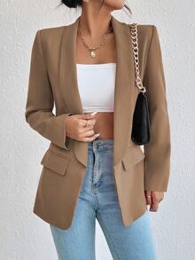 EMERY ROSE 1pc Women Simple Commuter Shawl Collar Solid Color Blazer Jacket, Autumn Fall Cloth For Women - Khaki - View 6