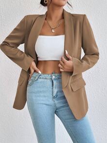 EMERY ROSE 1pc Women Simple Commuter Shawl Collar Solid Color Blazer Jacket, Autumn Fall Cloth For Women - Khaki - View 5