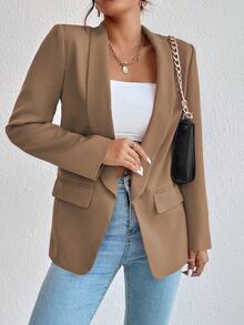 EMERY ROSE 1pc Women Simple Commuter Shawl Collar Solid Color Blazer Jacket, Autumn Fall Cloth For Women - Khaki - View 8