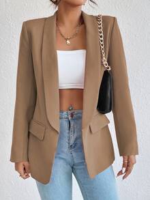 EMERY ROSE 1pc Women Simple Commuter Shawl Collar Solid Color Blazer Jacket, Autumn Fall Cloth For Women - Khaki - View 7