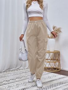 SHEIN Flap Pocket Side Cargo Pants Fall Cloth For Women - Khaki - View 7