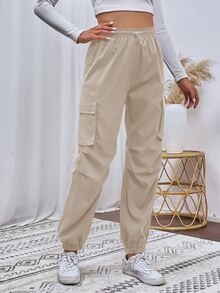 SHEIN Flap Pocket Side Cargo Pants Fall Cloth For Women - Khaki - View 4