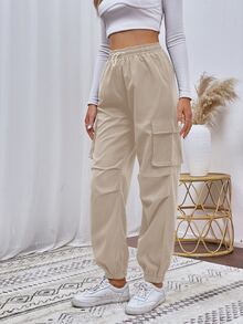 SHEIN Flap Pocket Side Cargo Pants Fall Cloth For Women - Khaki - View 6