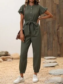 EMERY ROSE Butterfly Sleeve Belted Jumpsuit - Army Green - View 5