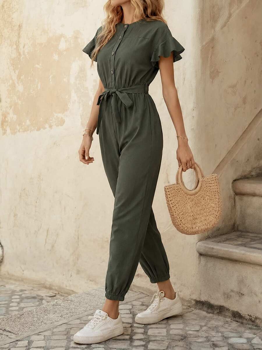 EMERY ROSE Butterfly Sleeve Belted Jumpsuit - Army Green - View 1