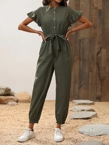 EMERY ROSE Butterfly Sleeve Belted Jumpsuit - Army Green - View 6