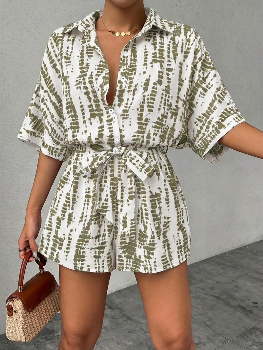 EMERY ROSE Printed Batwing Sleeve Tie-Front Jumpsuit For Women Summer Romper Casual Romper Women Romper Vacation Romper Short Romper - Multicolor - View 1