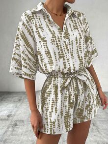 EMERY ROSE Printed Batwing Sleeve Tie-Front Jumpsuit For Women Summer Romper Casual Romper Women Romper Vacation Romper Short Romper - Multicolor - View 7