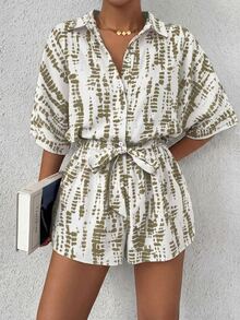 EMERY ROSE Printed Batwing Sleeve Tie-Front Jumpsuit For Women Summer Romper Casual Romper Women Romper Vacation Romper Short Romper - Multicolor - View 4