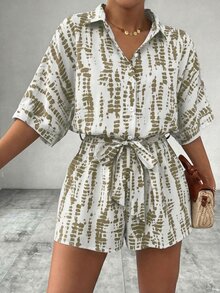 EMERY ROSE Printed Batwing Sleeve Tie-Front Jumpsuit For Women Summer Romper Casual Romper Women Romper Vacation Romper Short Romper - Multicolor - View 5